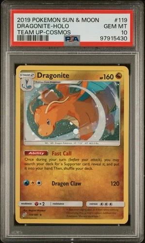 2019 Pokemon SM Team Up Dragonite Cosmos Holo #119/181 PSA 10 Swirl