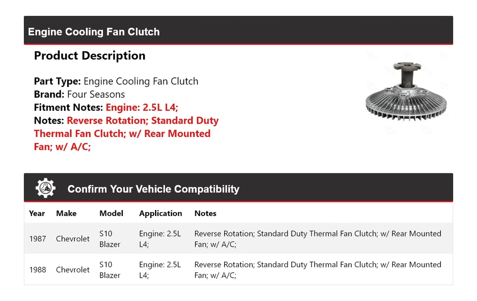 For 1987-1988 Chevrolet S10 Blazer 2.5L L4 Engine Cooling Fan Clutch 4 Seasons - Image 2 of 4