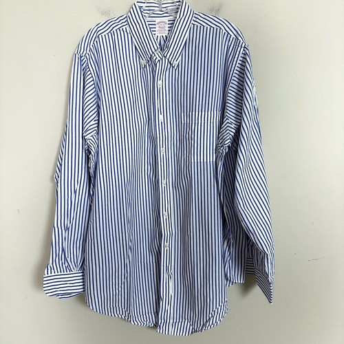 VTG Brooks Brothers Makers Shirt Men XL 17.5 35 Blue White Stripe Box Pleat USA - 第 1/8 張圖片