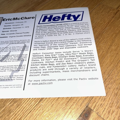 ERIC McCLURE CHEVROLET HEFTY PICTURE -NASCAR Original Autograph Signed to XANDER - Picture 4 of 5