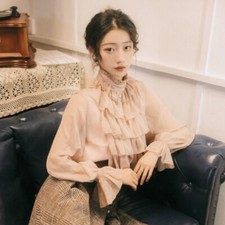 Donna Chiffon a Balze Camicia Blusa Stand Collare Lolita Fairy Elegante, Retrò
