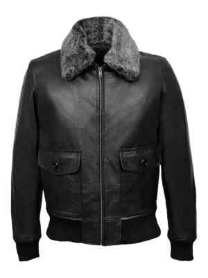 Herren B3 Flieger Bomberjacke Schwarz Echt Lammfell Leder mit Kunstfell Jacke