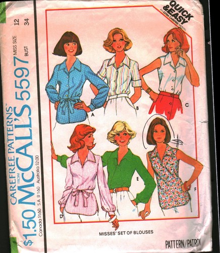 5597 Vintage McCalls SEWING Pattern Misses 1970s Button Up Shirt Set of Blouses