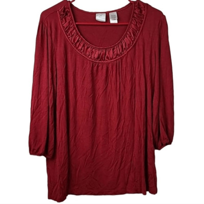 Emma James Burgundy Red Puff Sleeve Knit Top Shirred Satin Scoop Neck Size Large