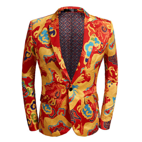 Men Embroidered Dragon Slim Jacket Suits Blazer Fancy Dress Showman Costume Chic - Picture 1 of 14