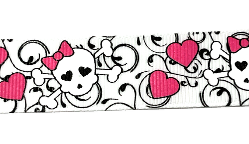 3 yrds 7/8" Girl Skull Crossbones w Hearts on White Grosgrain Ribbon 100% poly - Picture 4 of 6