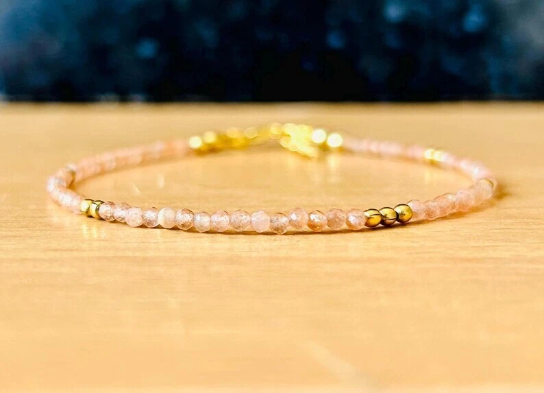 Pulseiras feitas à mão 6-8"" contas redondas facetadas pedra preciosa folheadas a ouro 2-3 mm pedra do sol 6-8"" - Imagem 3 de 4