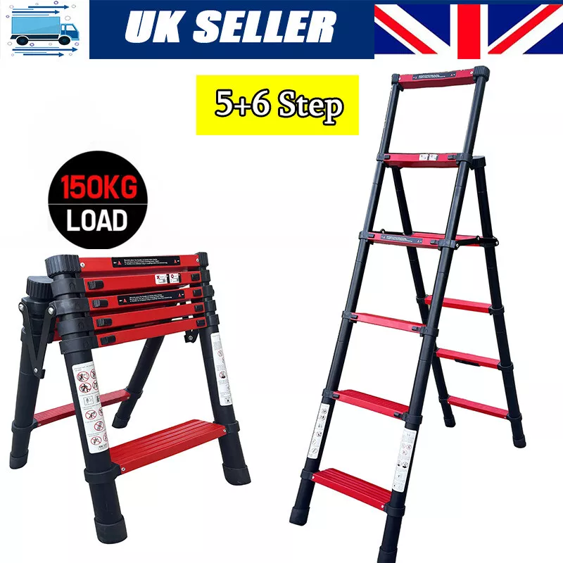 5 6 Steps A frame Aluminum Folding Telescopic Ladder 1.7M Multi Purpose UK