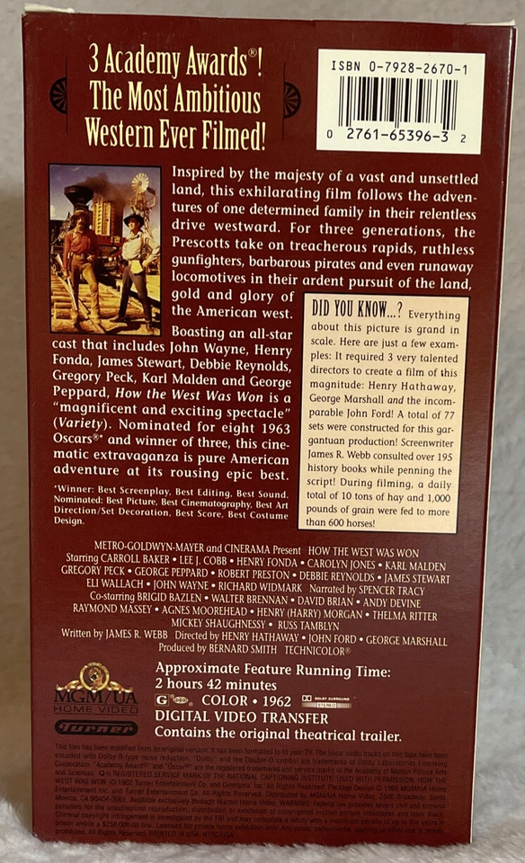 How The West Was Won VHS 1962 Henry Fonda Gregory Peck John Wayne 3 Oscars - Image 2 of 4