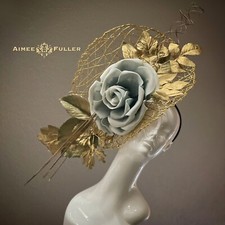 Gold Leaf Soft Blue Gray Floral Kentucky Huge Derby Fascinator Headpiece Hat