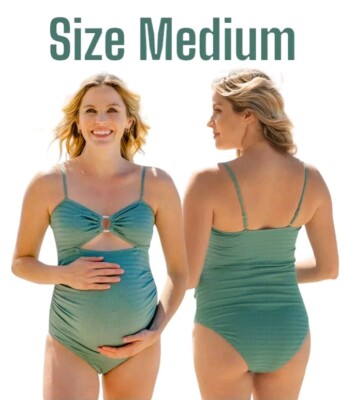 New Summer Mae One Piece O-Ring Front Maternity SwimsuitBalsam Green Sz Medium 