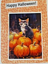 Halloween funny cat card with a multicolor cat sitting on pumpkins       #HW681