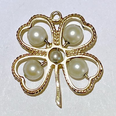 MASSIVES GOLD GLÜCK VIERBLÄTTRIGES KLEEBLATT OFFENER AUSSCHNITT PERLE CHARM ANHÄNGER VINTAGE