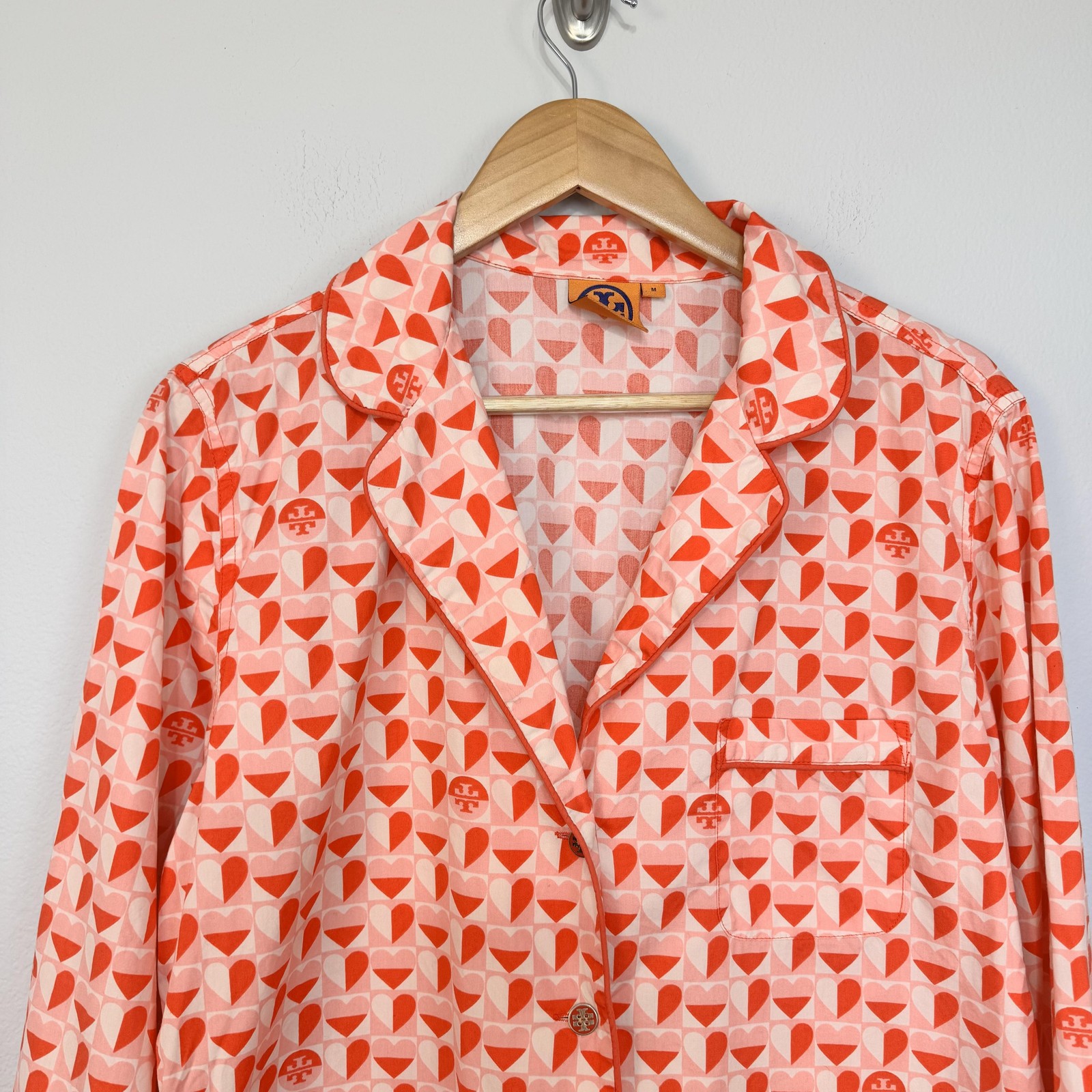Tory Burch Pajama Top Women's Medium Pink Heart Print Button Front Cotton Logo thumbnail 2