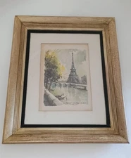 Vintage Lucien Delarue Watercolor Print La Tour Eiffel Pairs France