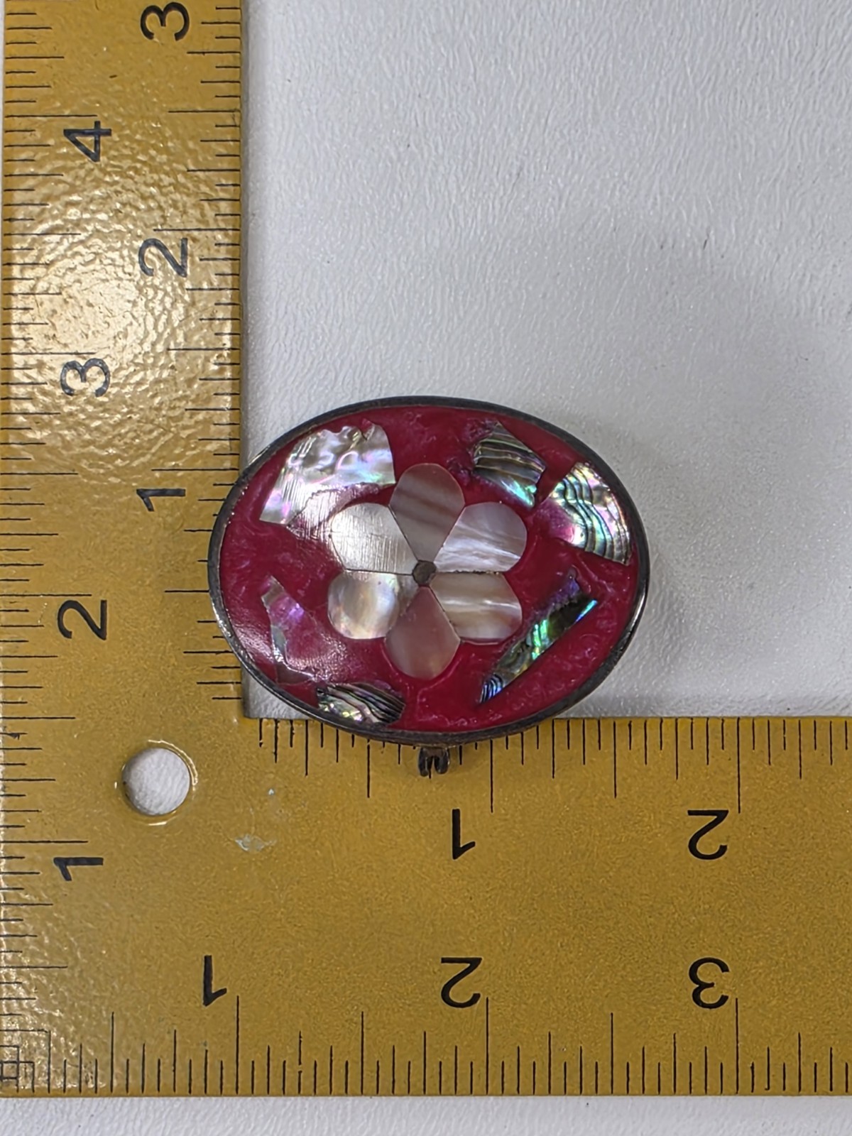 Vtg Red Alpaca Mexico Pill Box Trinket Abalone Shell & Mother of Pearl Inlay