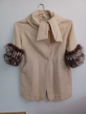 Vintage Lilli Ann Tiss Paris Cream Wool Swing Coat 1960s Sash Collar Fox Fur