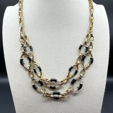 Gold Tone Black Enamel Rhinestone Multi Strand Chain Statement Necklace Jewelry