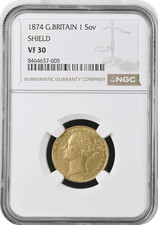 1874 London  Shield Gold Sovereign  R4 Very Rare VF30