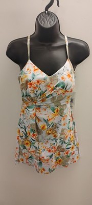 Women Swim Dress One Piece V Neck Tummy Control Floral White Yellow Small