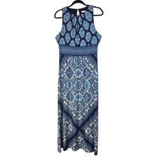 London Times Blue Medallion Tile Print Sleeveless Maxi Dress Size 8 Empire Waist