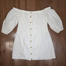 Urban Outfitters Size Large Linen Blend Off Shoulder Mini Shirt Dress Off White