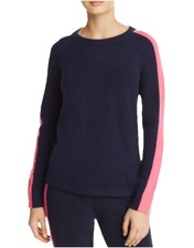 Minnie Rose Women Pullover Cashmere Sweater Navy W Pink Stripe Crew Neck Size XS
