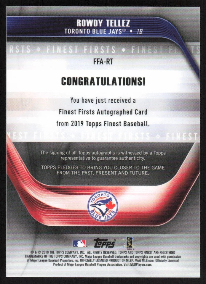 2019 Topps Finest Firsts Rookie Auto Orange Wave Rowdy Tellez /25 Toronto Jays - Image 2 of 2
