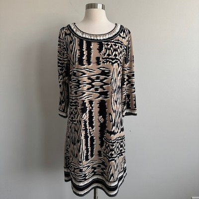 BCBGMaxazria Abstract Tribal Print Shift Dress Tan Black 3/4 Sleeve M