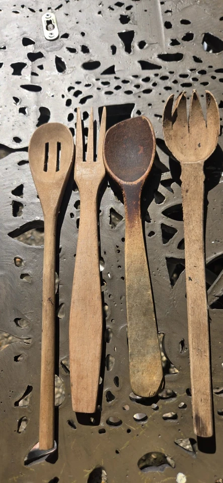 Lote De Colección De 4 Cucharas De Madera Primitivas TEMPRANOS Talladas A Mano, Country, Americana Foto 3 de 4