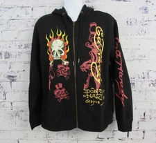 Ed Hardy Full Zip Black Flame Skull Hoodie Sz Large EHMR1301-12