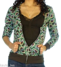 Brown Green/Blue Heart Print Zip Front Hooded/Hoodie