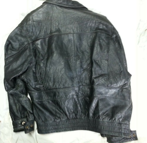 MEN'S ADLER SZ L EXTERIOR 4 POCKET/2 SNAP/ZIP FRONT BLACK LEATHER BOMBER JACKET - Picture 3 of 5