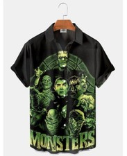 Horror Movie Vampire Frankenstein Monster Printed Hawaiian Buttoned Lapel Shirt