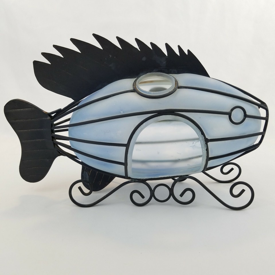 Blue Art Glass and Metal Fish Shape Tea Light Candle Holder Blown Home