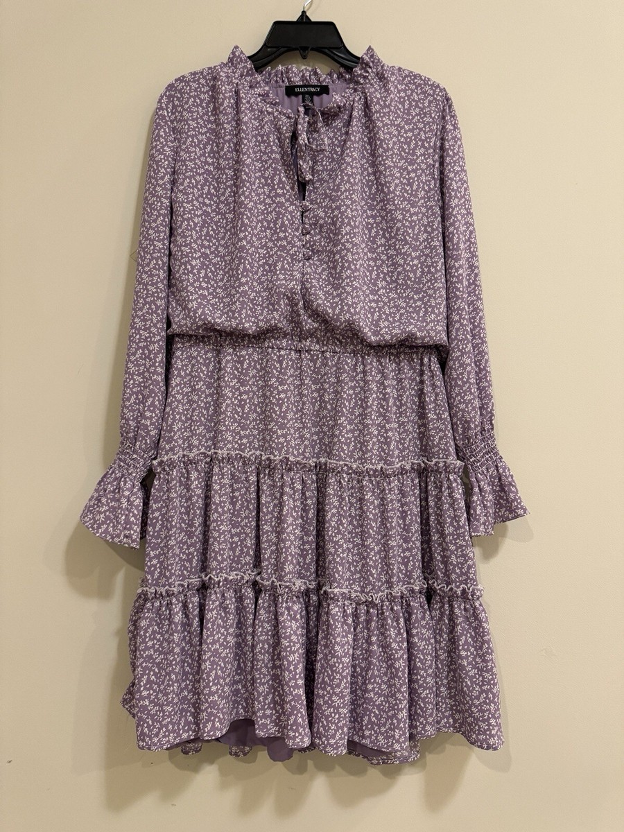 Ellen Tracy Dress Womens L Speckled Purple Floral Smocked Boho