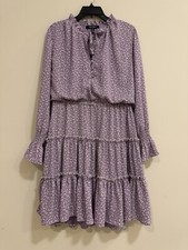 Ellen Tracy Dress Womens L Speckled Purple Floral Smocked Boho Lined Flare $129
