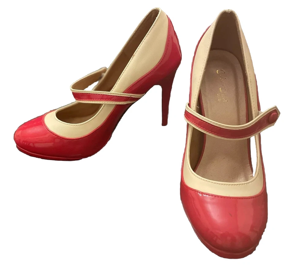 Bomba de tacón de plataforma roja y crema vintage de T.U.K Graham Street Shoe Co talla 9 Foto 3 de 4