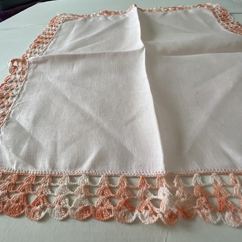 Vintage Pink & Peach Coral Ombré Hand Made Handkerchief Linen & Crochet Lace 12” - Picture 9 of 13