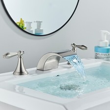 Widespread LED Waterfall Bathroom Sink Faucet 3-Hole Basin Mixer Brushed Nickel