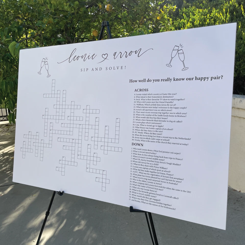 Juego de crucigramas de boda personalizado para sorber y resolver en tablero de borrado en seco juego de boda boho Foto 3 de 4