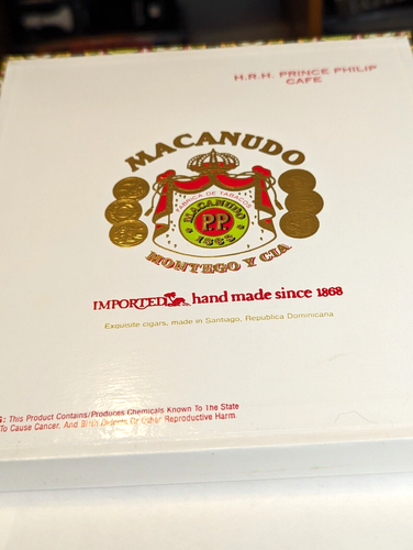 Vintage Macanudo Scatola Sigari Vuota Legno Principe Filippo Timbro Imposta Caffè Santiago del Cile - Foto 5 di 7