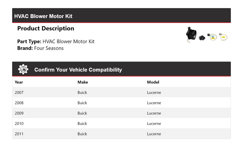 For 2007-2011 Buick Lucerne HVAC Blower Motor Kit 4 Seasons 2008 2009 2010 - Image 2 of 3