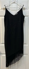 NWT Black Flapper Style Dress Size 10 Slant Fringe Hem Embroidered Dance Party