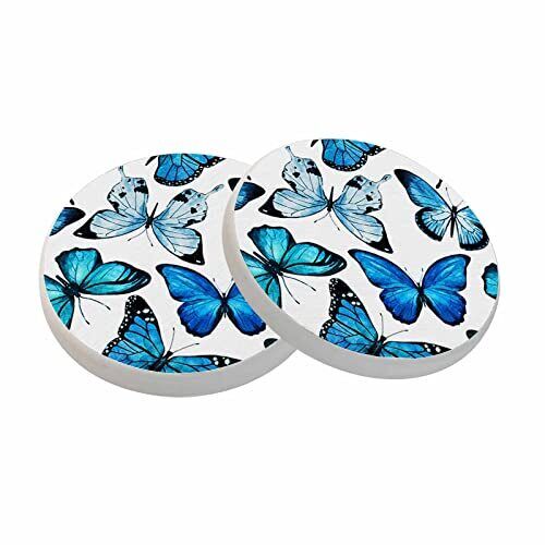 Coasters for Drinks Absorbent Set of 2 Animals Exquisite 4 Inch Butterfly Blue - Picture 1 of 7