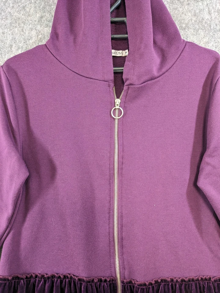 Chaqueta para mujer Z Avenue USA mediana púrpura tejida con capucha cremallera completa terciopelo volantes dobladillo Foto 4 de 4