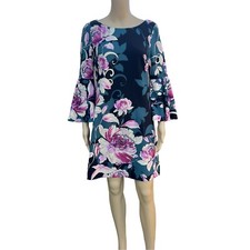 Eliza J Bell Sleeve Floral Print Shift Dress Colorful Green Pink EUC Size 6 NWT