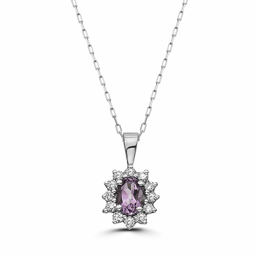 Geburtsstein 14K Weißgold Amethyst Akt Diamant 0,64 cts 18" Anhänger Halskette