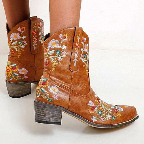 Womens Cowboy Boots Cowgirl Western Low Block Mid Calf Embroidery Riding Boots - Picture 14 of 24