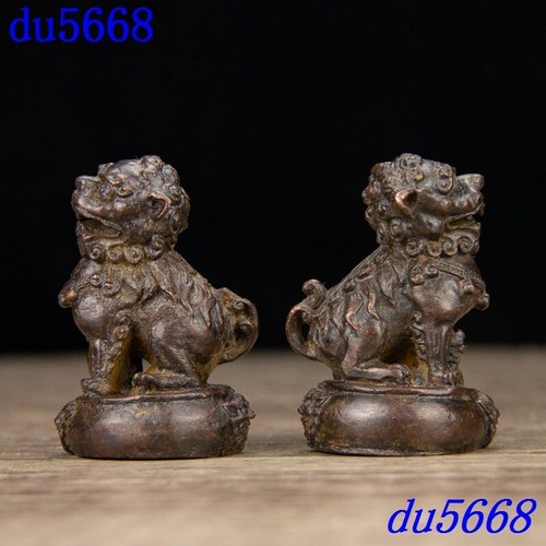 China dynasty Red copper sacrifice fengshui Fu Foo Dog Lion beast ornaments pair - Picture 3 of 9